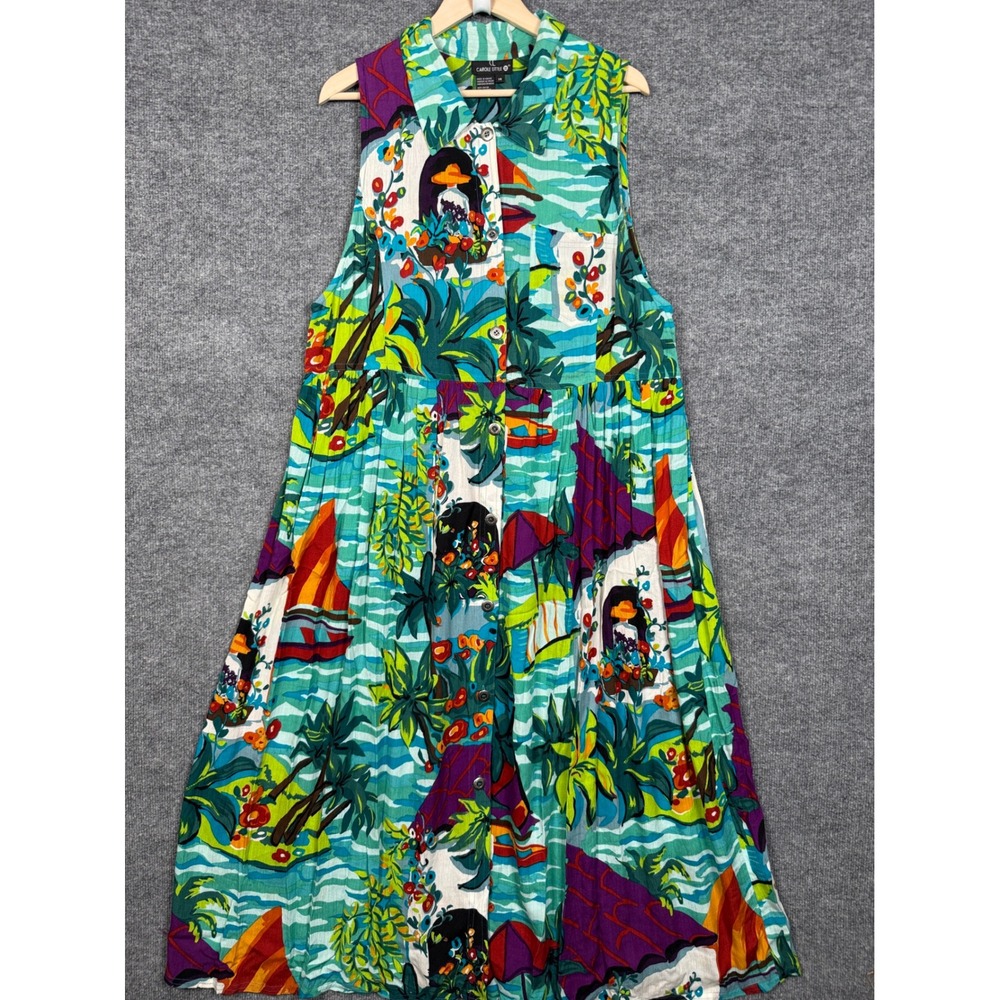 Vtg Carole Little‎ Size 14 Maxi Shirt Dress Green Tropical Button Front Vacation